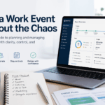 Modern workspace scene showing a laptop with an event planning dashboard, alongside a notebook checklist, documents, and coffee mug, illustrating structured, organised work event planning without reliance on scattered tools.