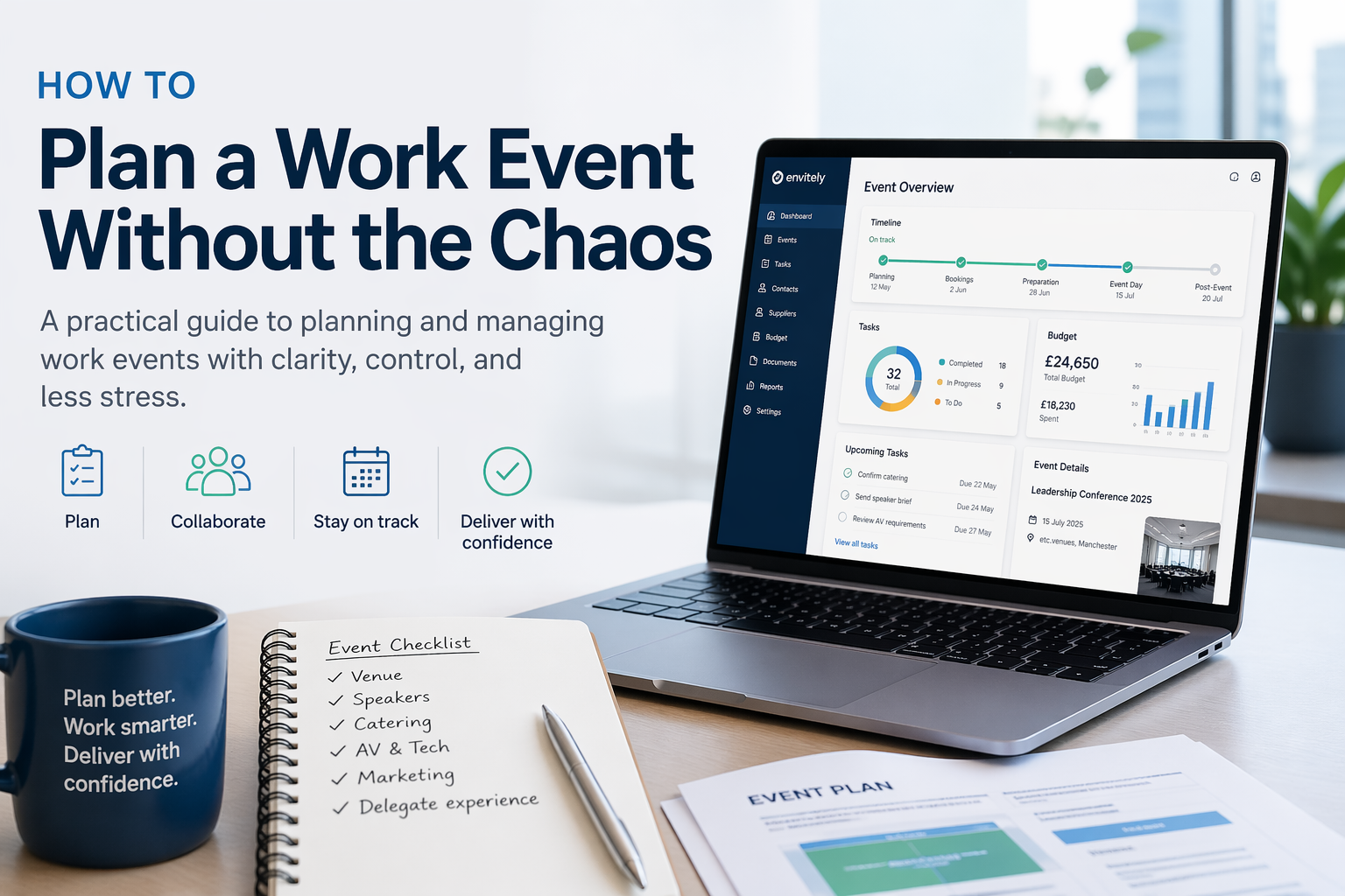 Modern workspace scene showing a laptop with an event planning dashboard, alongside a notebook checklist, documents, and coffee mug, illustrating structured, organised work event planning without reliance on scattered tools.